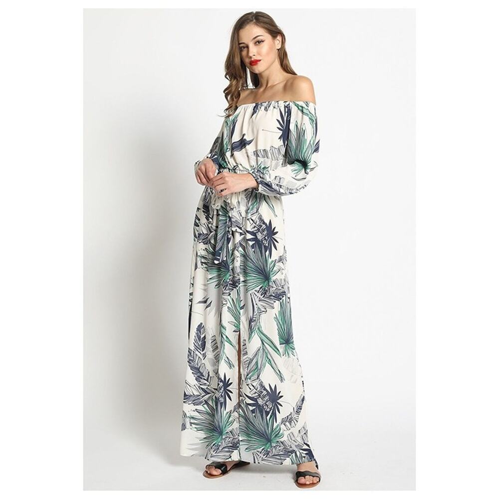 Boho Tropical Palm Print Off Shoulder Maxi Dress 3/4 Sleeve Tie Elastic Waist M
